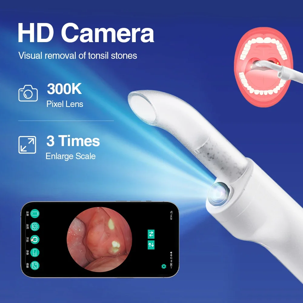 Electric Visible Tonsil Stone Remover with 300K HD Camera Tonsil Stone Removal Kit 3 Head Built-in LED Light Tonsil Cleane Tool