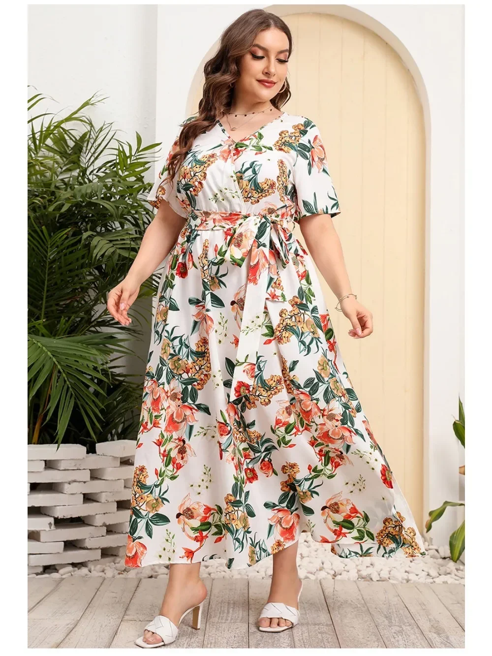 Dresses V Neck Lace Up Eid Women Floral Print Dress Abaya Party Dubai Arab Turkey Ramadan Abayas Caftan Kaftan Vestido Largos