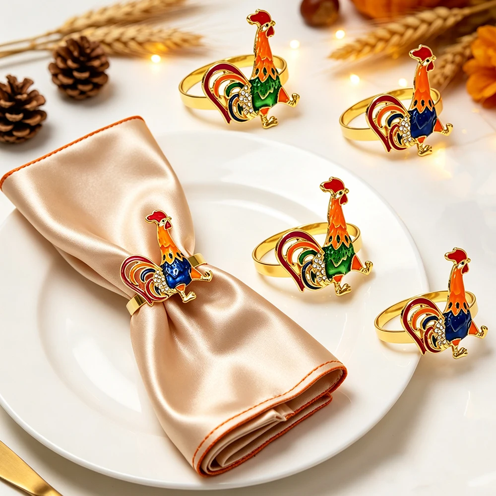 10Pcs Colorful Rooster Napkin Rings Enamel Rhinestone Metal Napkin Holders Table Decor for Thanksgiving Party Banquet Farmhouse