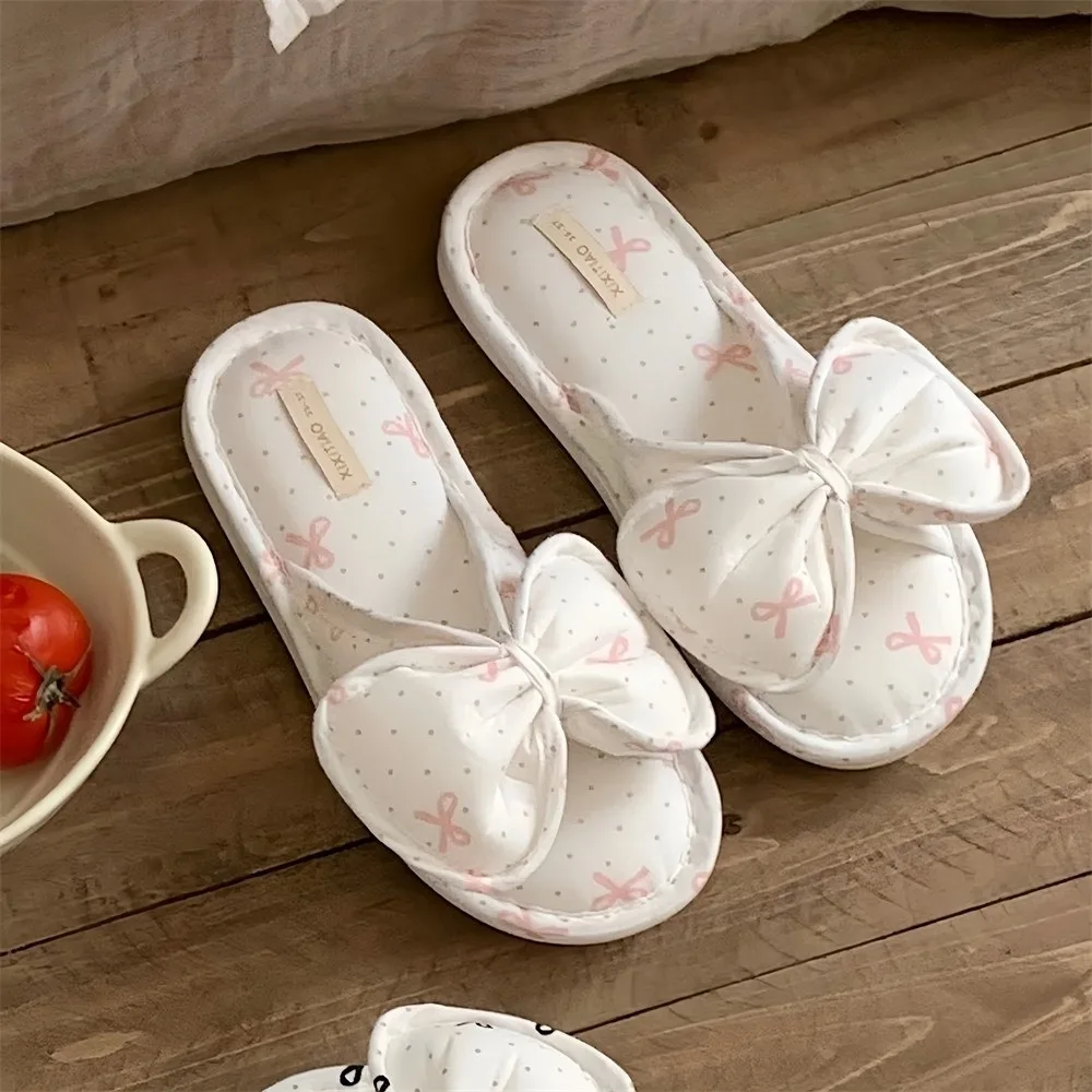 

Cozy Korean Style Bow Slippers Soft Cotton and Linen Polka Dot Slides Cute Silent One-line Slippers Indoor