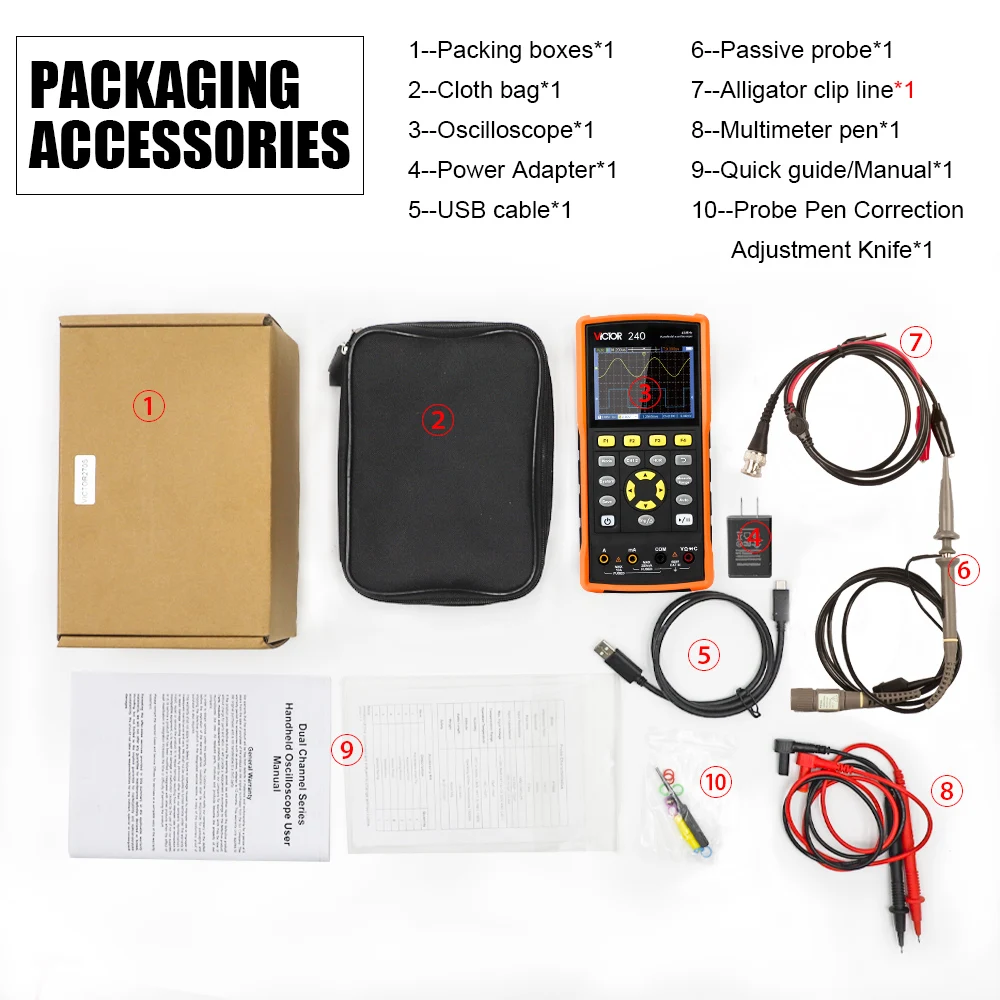 Victor 240 Oscilloscope Multimeter Waveform Generator 3-in-1 2CH 70MHz Bandwidth 20000 Counts LCD Handheld Digital Scope Meter