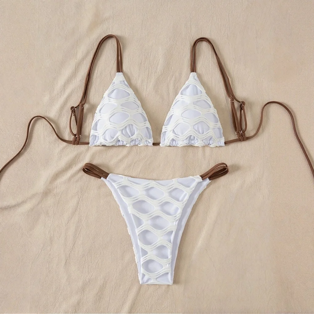 

Sexy Mesh Bikini Set White Brown Color Block Swimsuit Adjustable Back Tie Women's Beach Swimwear 2025 New