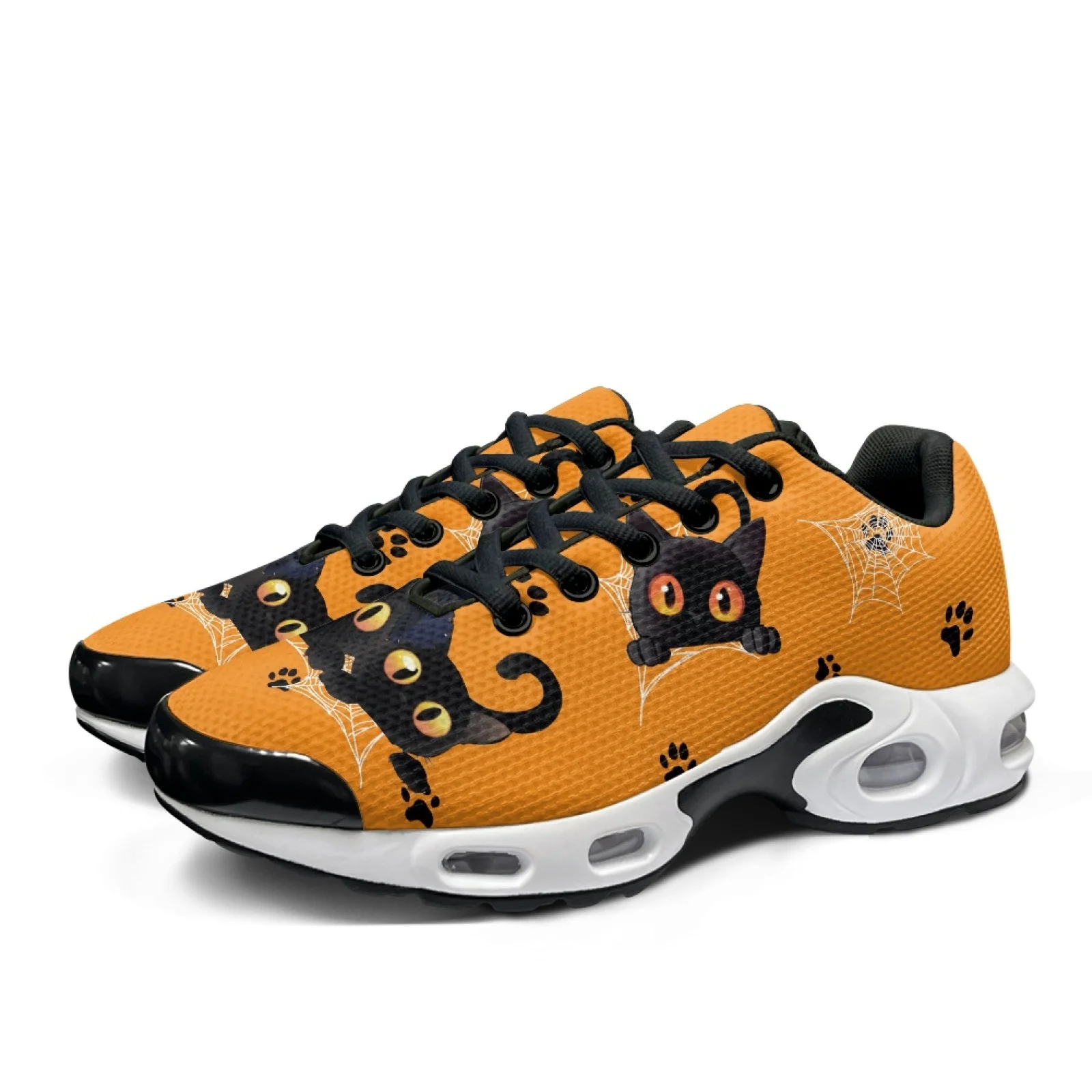 PENSTROLL Mesh Breathable Workout Casual Sport Shoes Air Cushion Tennis Basketball Shoes for Walking Black Cat Orange Pattern