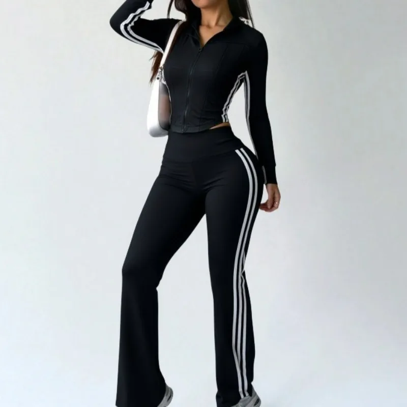

Женские узкие расклешенные брюки для йоги с высокой талией, уличная солнцезащитная куртка с длинными рукавами, спортивные повседневные полосатые брюки