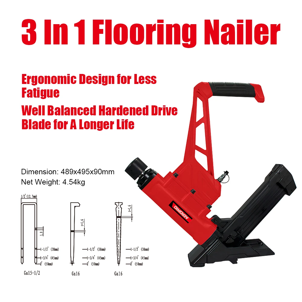 AEROPRO 9800RC 3-in-1 Pneumatic Nailer Air Flooring Tools Cleat GA15 GA16 Stapler and Nail Gun for Construction Home Improvement