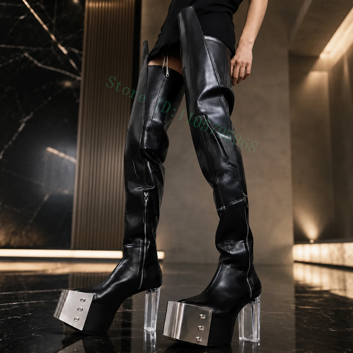 Futuristic Over‑the‑Knee Platform Boots Square Toe Clear Block Heel Side Zip Punk Stage Performance Footwear