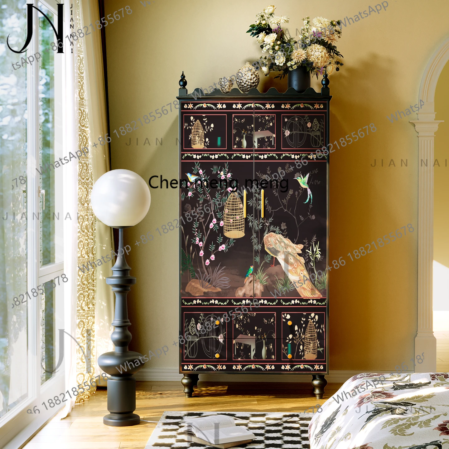 

French Chinese Style Floral and Bird Solid Wood Wardrobe Living Room Storage Decorative Cabinet Bedroom Drawer