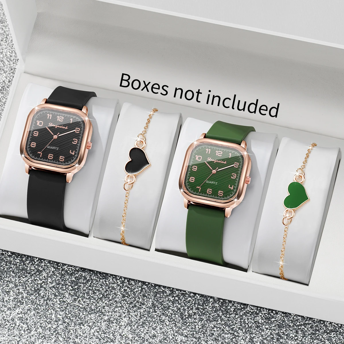 4PCS Fashion Square Women Watches Heart Bracelets Set Silicone Strap Quartz Watch for Ladies Clock Reloj Mujer（Without Box）