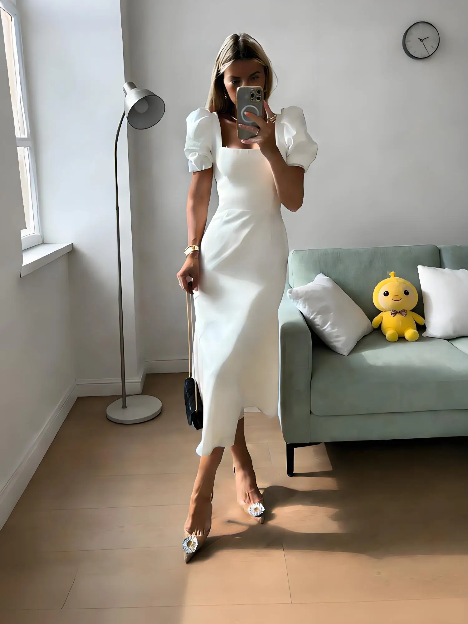 

Новое летнее женское платье макси с квадратным вырезом, пышными рукавами, завышенной талией, облегающее, элегантное, для работы и вечеринок, коллекция 2026 года