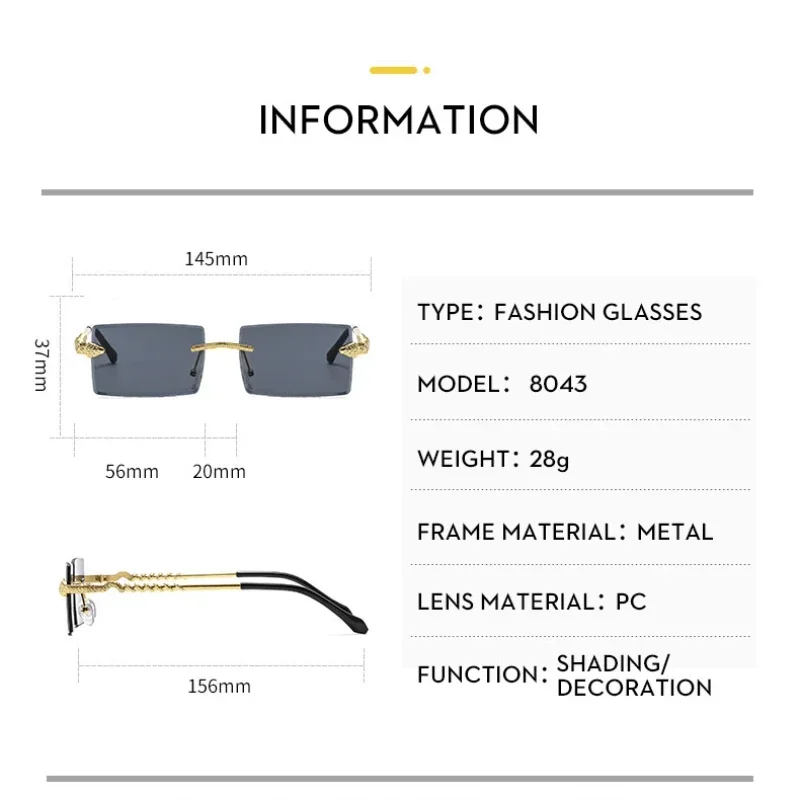 Luxury Women Rimless Square Frame Sunglasses Trendy Twisted Snake Leg Gradient Shades for Men Luxury Fashion Anti-UV Eyewear