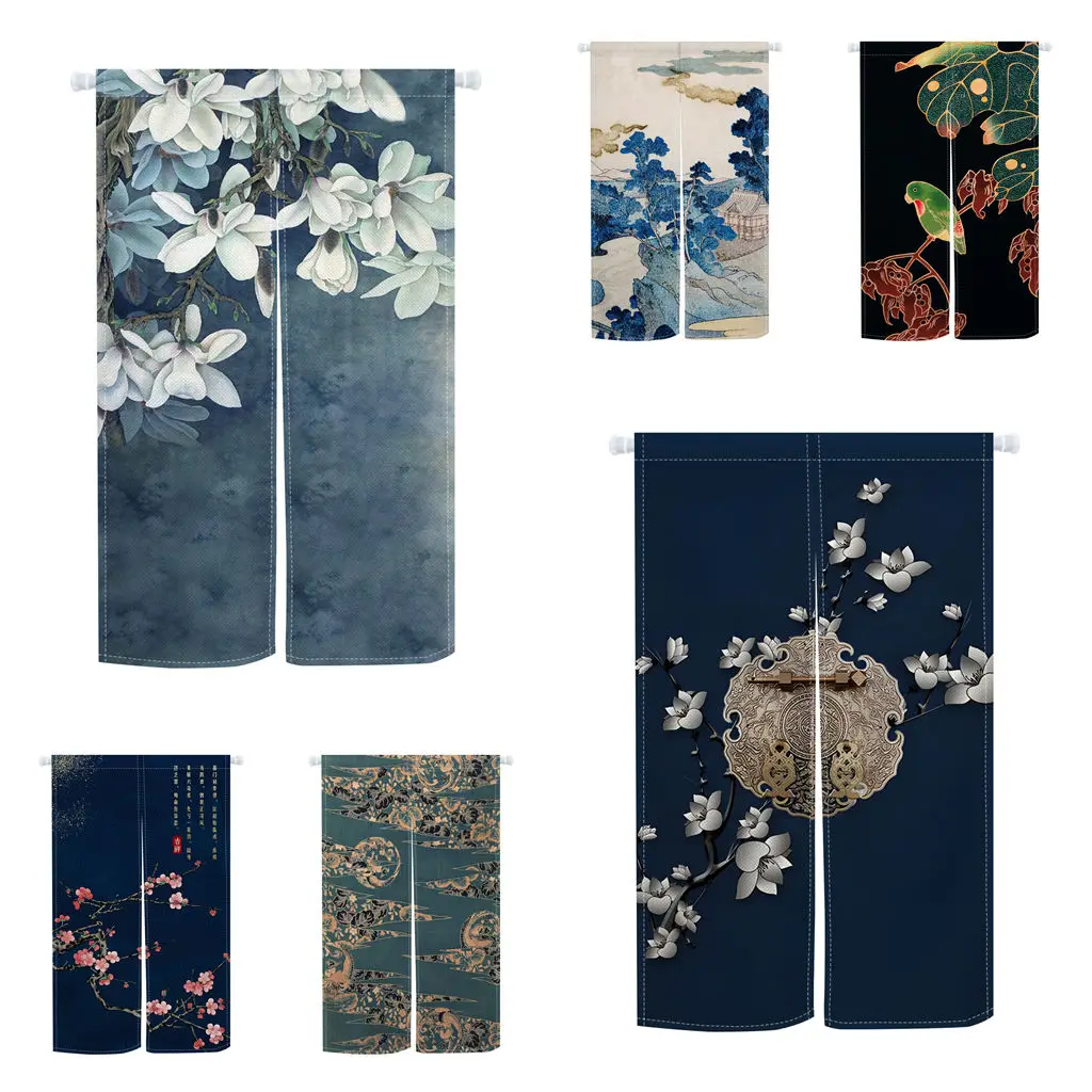 

Noren Door Curtain Japanese Style Ink Art Magnolia Birds Window Kitchen Partition for Home Room Entrance Decors Half Curtains