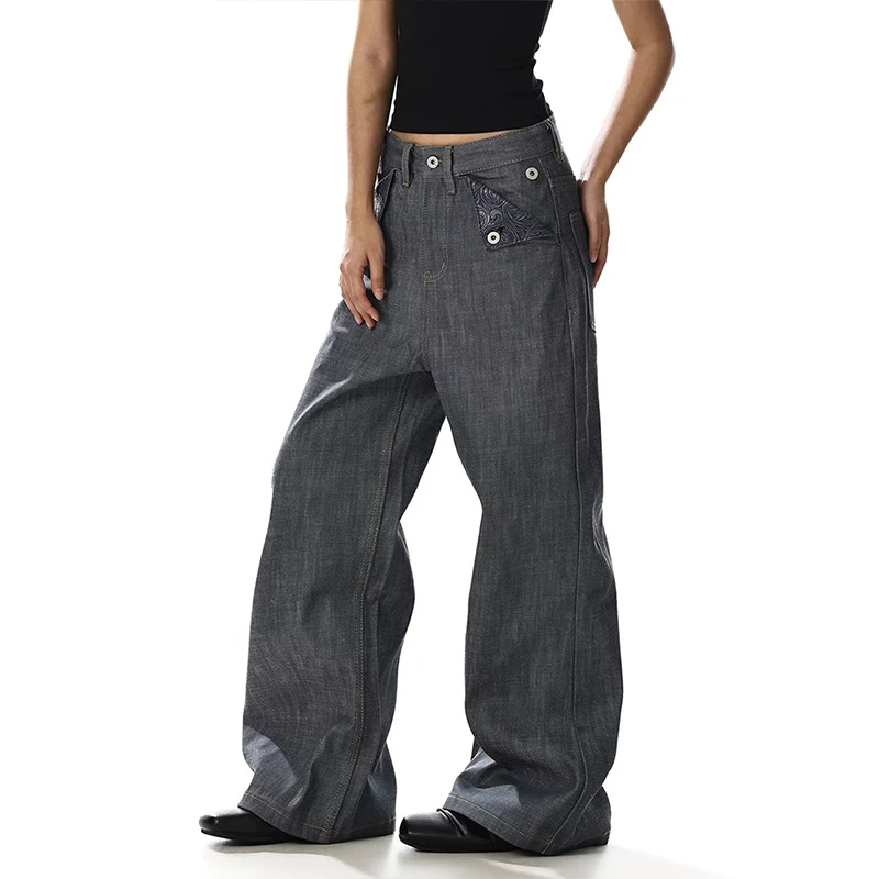 Summer Streetwear Vintage Loose Wide Leg Casual Pants Straight Cut Versatile Original Cow Denim Jeans Low Waist Embroidered