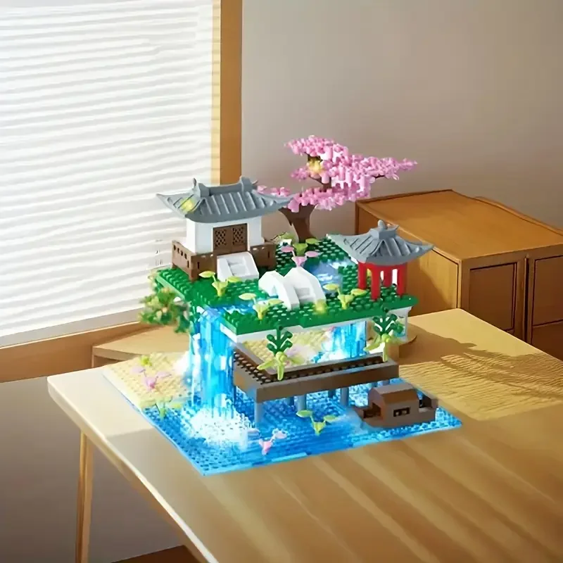 Architecture-Themed Micro Building Blocks Set, ABS Plastic, Chinese Peach Blossom & Bonsai Tree Design, Collectible Model Kit