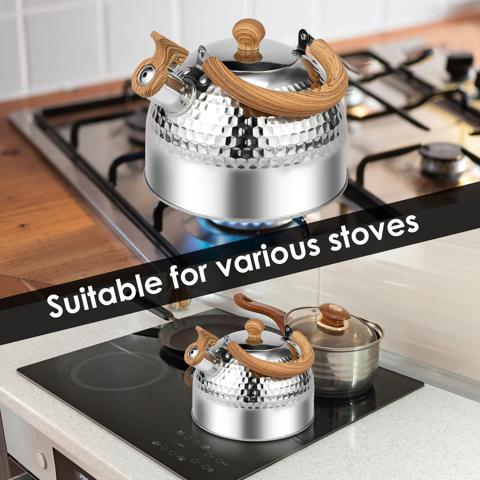 3/2L Tea Kettle with Anti-scald Handle Food Grade Stainless Steel Stove Top Tea Kettle Rustproof Whistling Tea Kettle