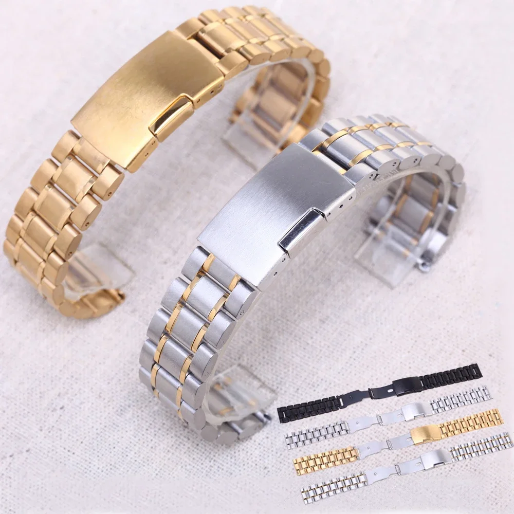 Stainless Steel Metal Watch Band 14mm 16mm 18mm 19mm 20mm 21mm 22mm 24mm 26mm Watch Strap 5 Beads Wristband Bracelet Belt