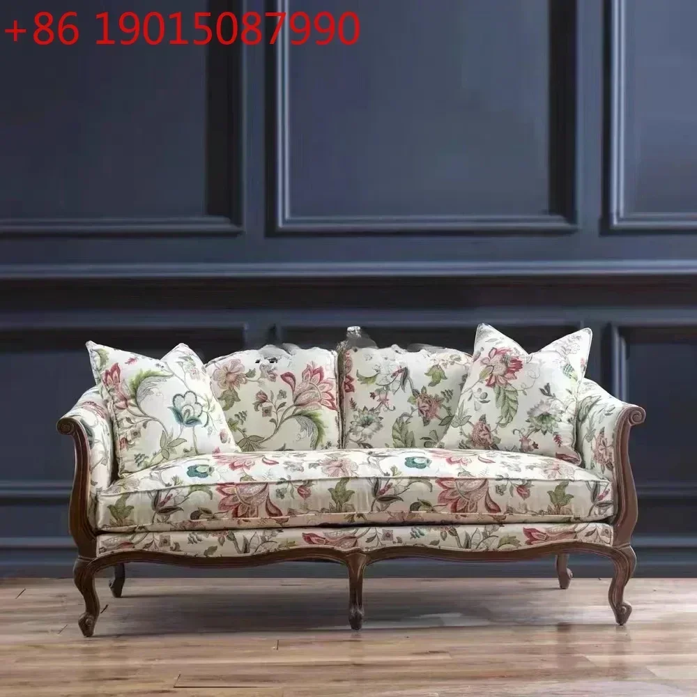 American rural solid wood fabric sofa double triple