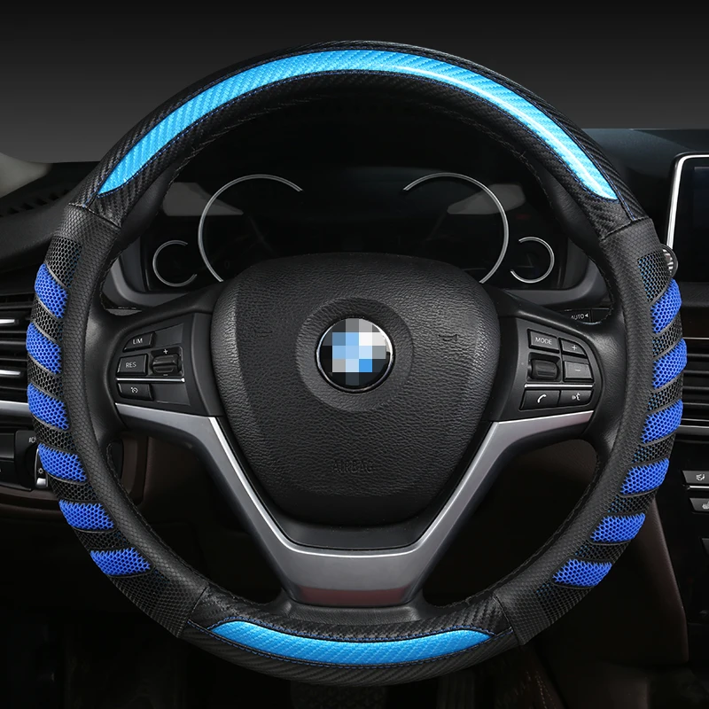 LS AUTO Steering Wheel Cover 38CM 15'' Braid on Steering Wheel Car styling universal Carbon fiber Steering Wheel Cover