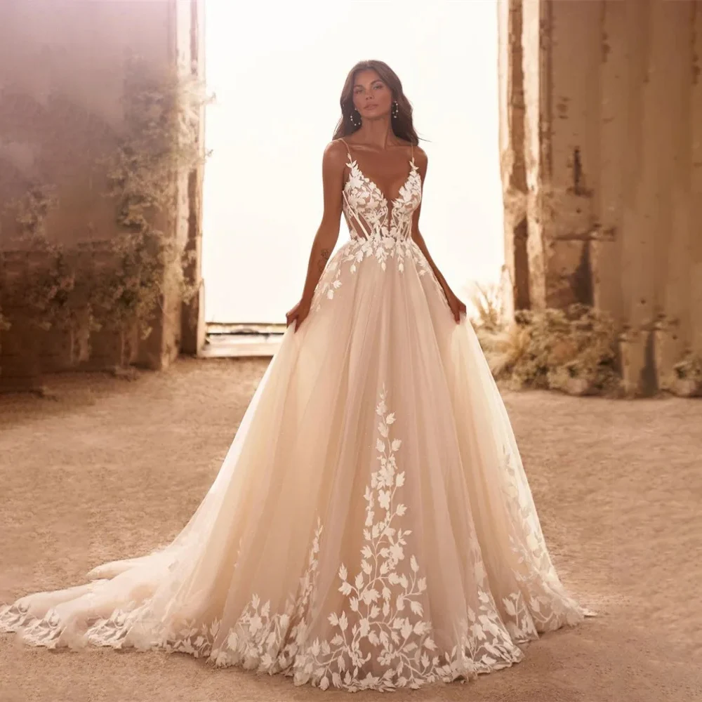 Sexy A Line Bridal Gowns 2024 V-neck Backless Spaghetti Strap Wedding Dress Customized High Quality Princess Bride Dresses