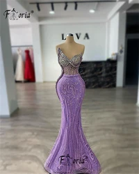 Elegant Crystal Beaded Mermaid Evening Dress Purple Sleeveless Lace Floor Length Customized Prom Dress Robe De Soiree Femme 2025