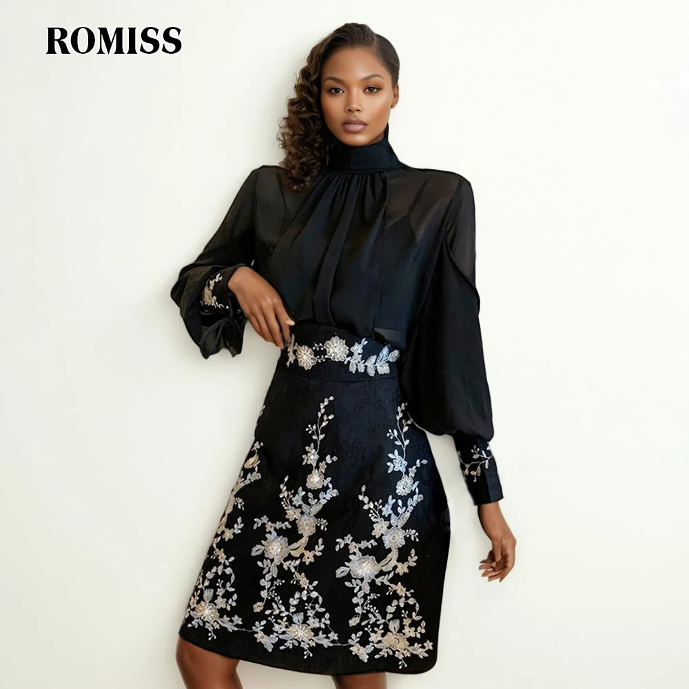 

ROMISS Embroidery Two Piece Sets For Women Stand Collar Long Sleeve Top High Waist A Line Skirt Elegant Set Female Style