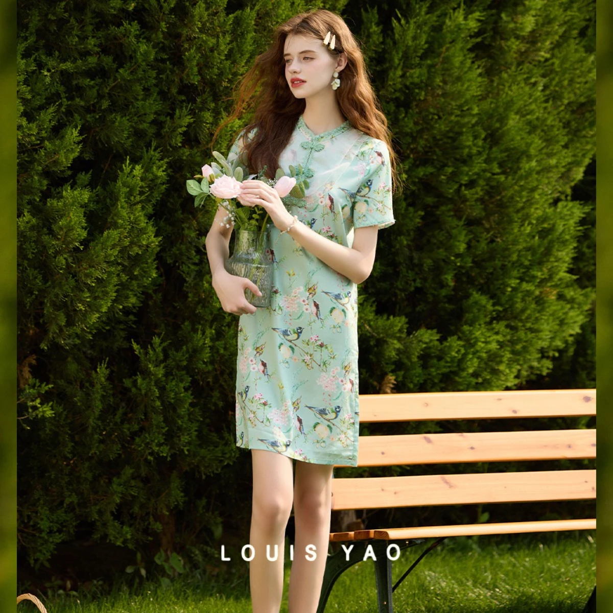 

LOUIS YAO New Tulle Embellished Printed Women's Dress 2025 Summer New Vintage Style Long Dress Stand Collar Midi Dresses