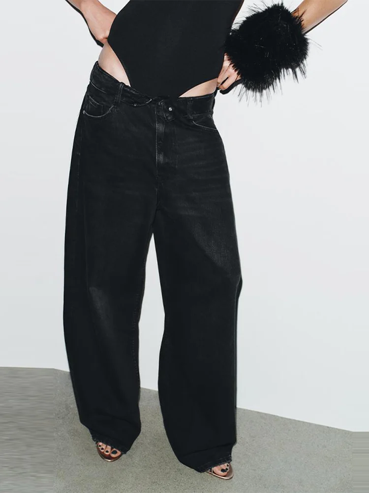 女性&男性 ミッドウエスト ブラック ジーンズ ファッション 折りたたみウエストバンド ワイドレッグ デニムパンツ ヴィンテージ ダーク カジュアル ハイストリート デイリーパンツ