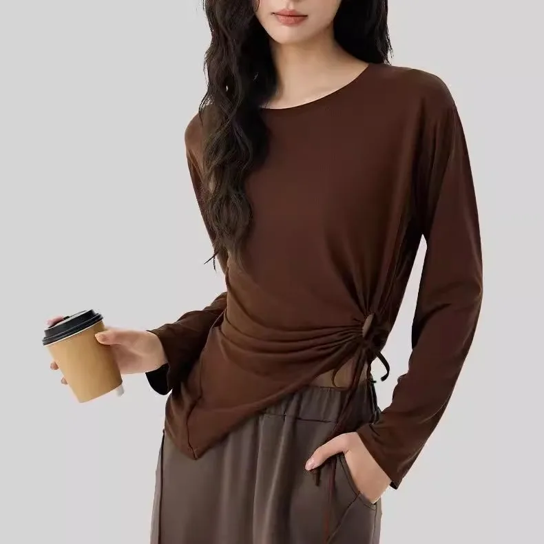 Fitness Gym Modal Yoga Suit Blouse Side Sexy Hollow Drawstring Loose Breathable Sports Blouse Women's Long Sleeves Top Shirts
