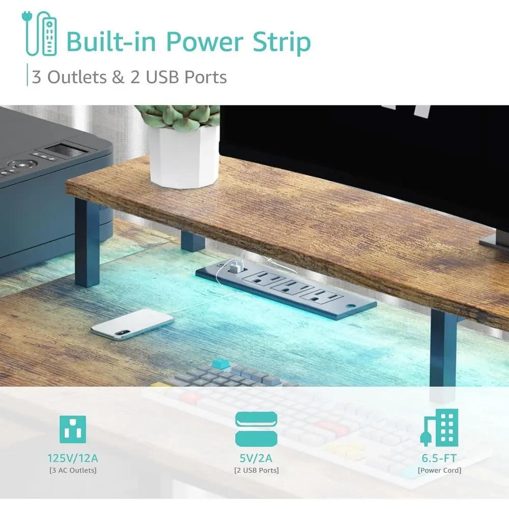 LED-lit 55 Computer Desk with Power Outlets, Fabric Drawers, and Monitor Stand for Home Office in Rustic Brown