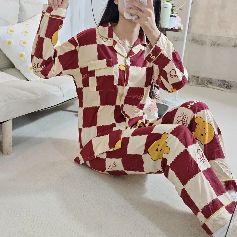 Winnie the Pooh Pijama Disney Manga Longa Primavera Pijama Conjunto de Duas Peças Xadrez Winnie the Pooh Pijama de desenho animado Bonito Loungewear