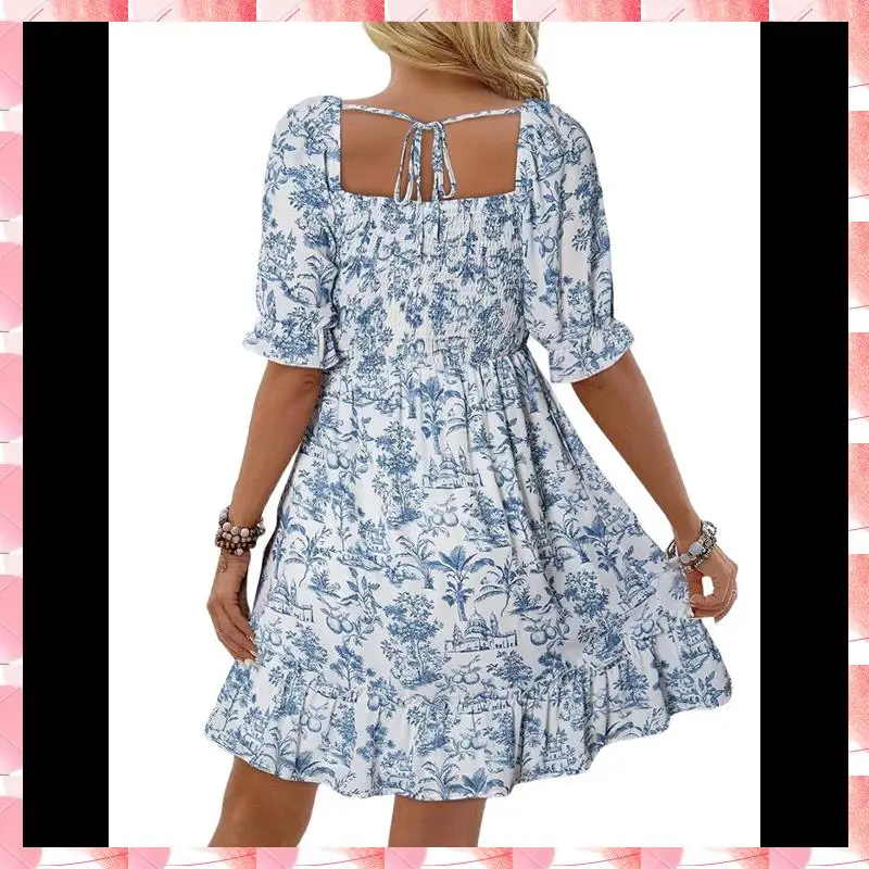 Vestidos casuales de verano para mujer, manga corta, cuello cuadrado, ahumado, vestido veraniego floral bohemio, mini vestido fluido de una línea
