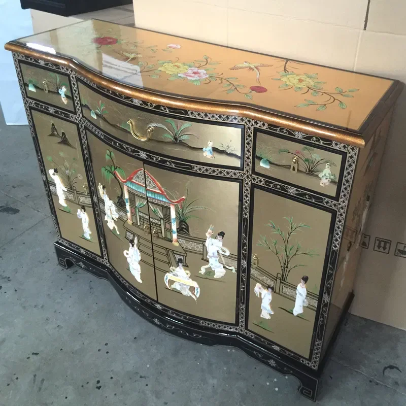 Three Bucket Four Door Porch Cabinet Painted Furniture Inlaid Shell Entrance Hallway Storage Decorative Cabinet Luodian Craft