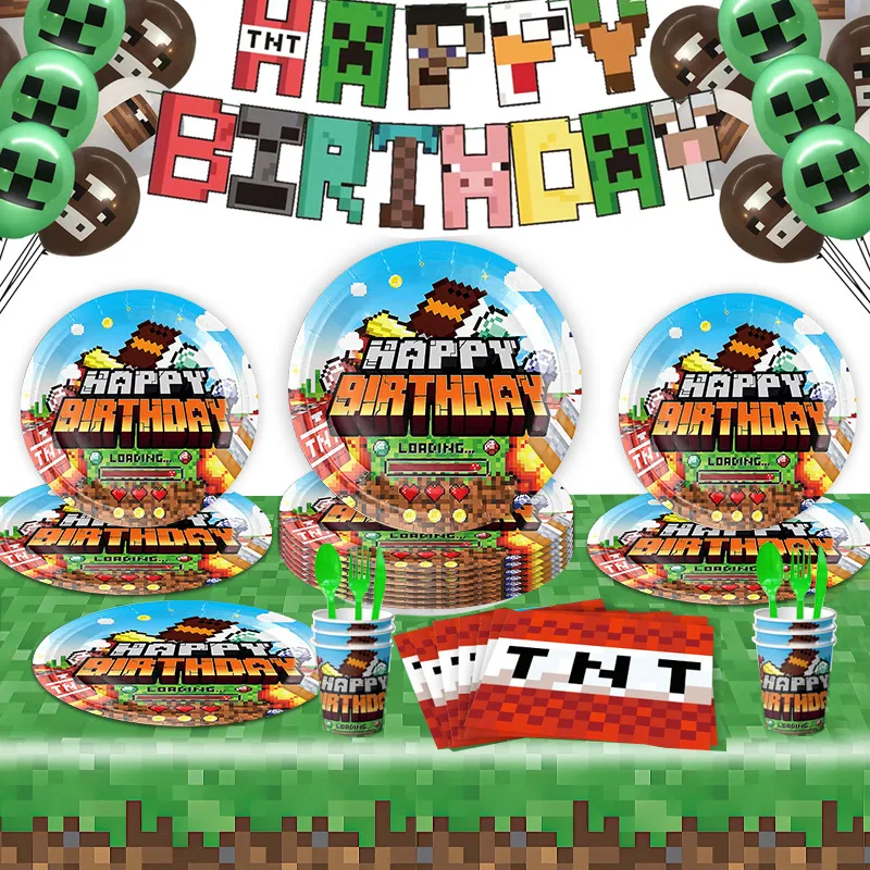 Assiette en papier de fête Pixel, fournitures de fête d'anniversaire pour enfants, assiette en papier Pixel Wars, tasse en papier, nappe, drapeau, décorations de fête