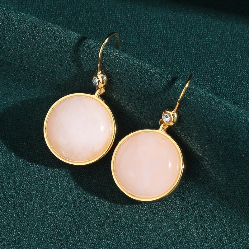 

Vintage Pink Rose Quartz Round Drop Earrings Woman Gold Color Elegant Luxury Quality Jewelry Daily Party Designer Gift New In