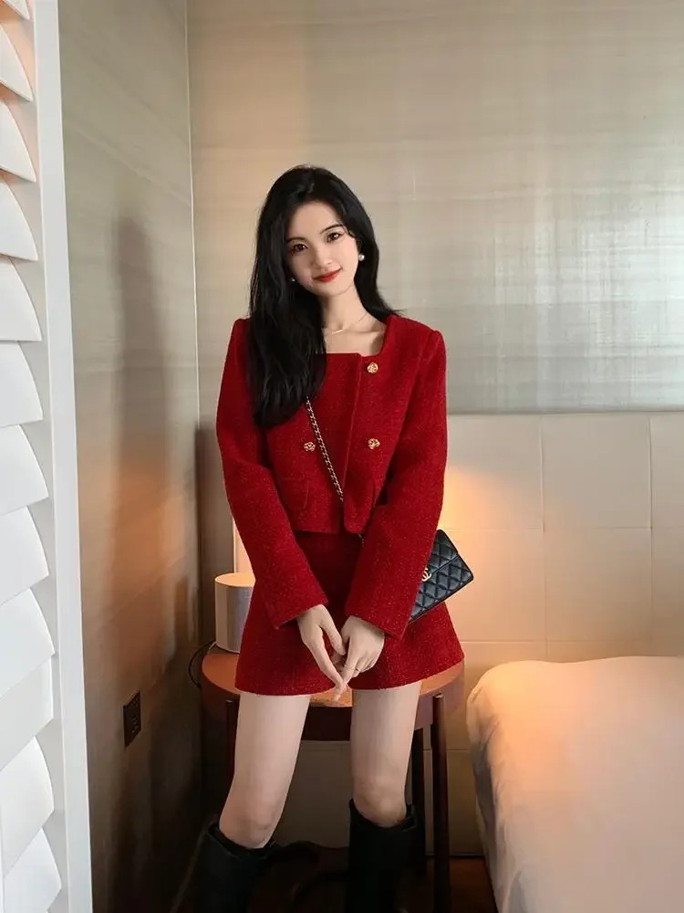 Insozkdg Christmas New Year Retro Red Women Jacket Shorts Sets Autumn Winter Temperament Socialite Suit Trendy Coat Shorts Set