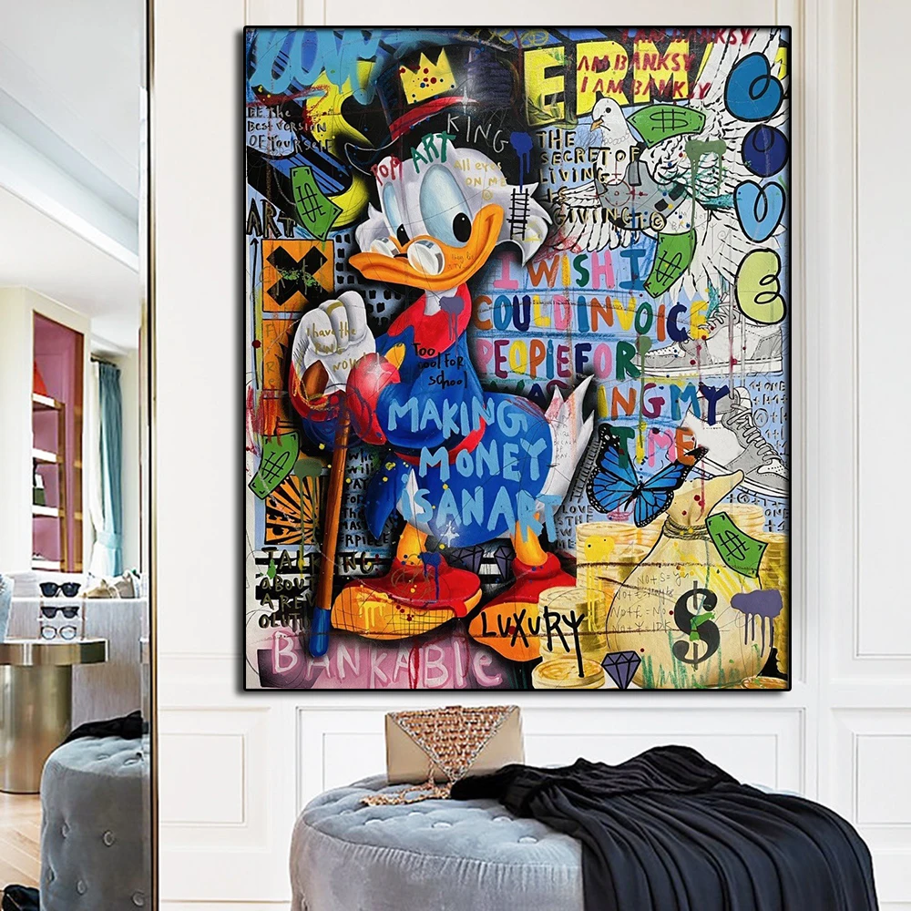 

Pop Graffiti Donald Duck Poster And Print Picture Making Money Canvas Painting Wall Art for Living Room Cuadros Decoration Gifts