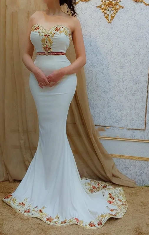 Vintage Algerian Outfits Karakou Prom Dresses with Long Sleeve Jacket Gold Embroidery Crystals Mermaid Evening Occasion Gown