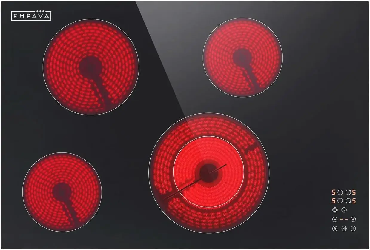 一体型放射ストーブ付き電気コンロ、30インチ、4つのバーナー、デュアルゾーン要素、セラミックガラス、黒の滑らかな表面を含む