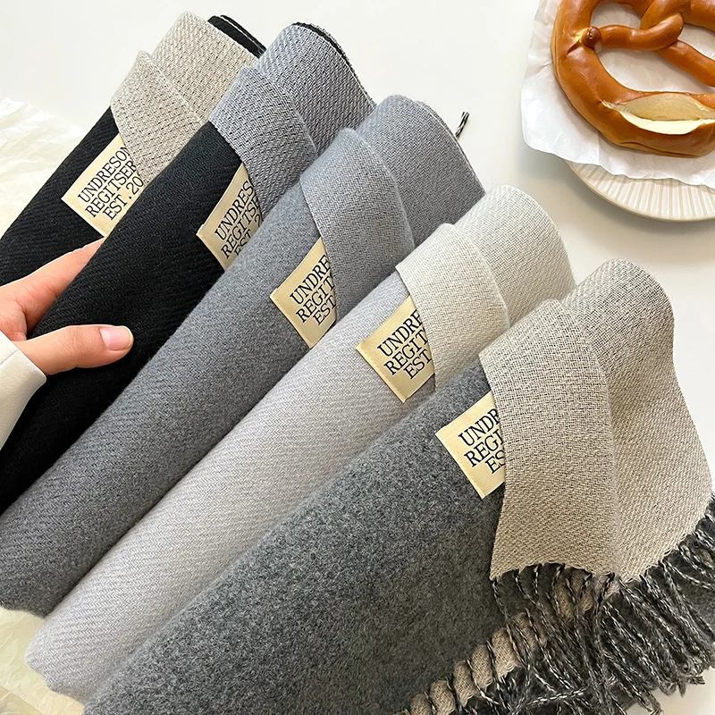 Fashion Soft Solid Cashmere Scarf Thick Warm Big Shawl For Women Luxury Brand Lady Pashmina Long Fringed Scarves Blanket Bandana