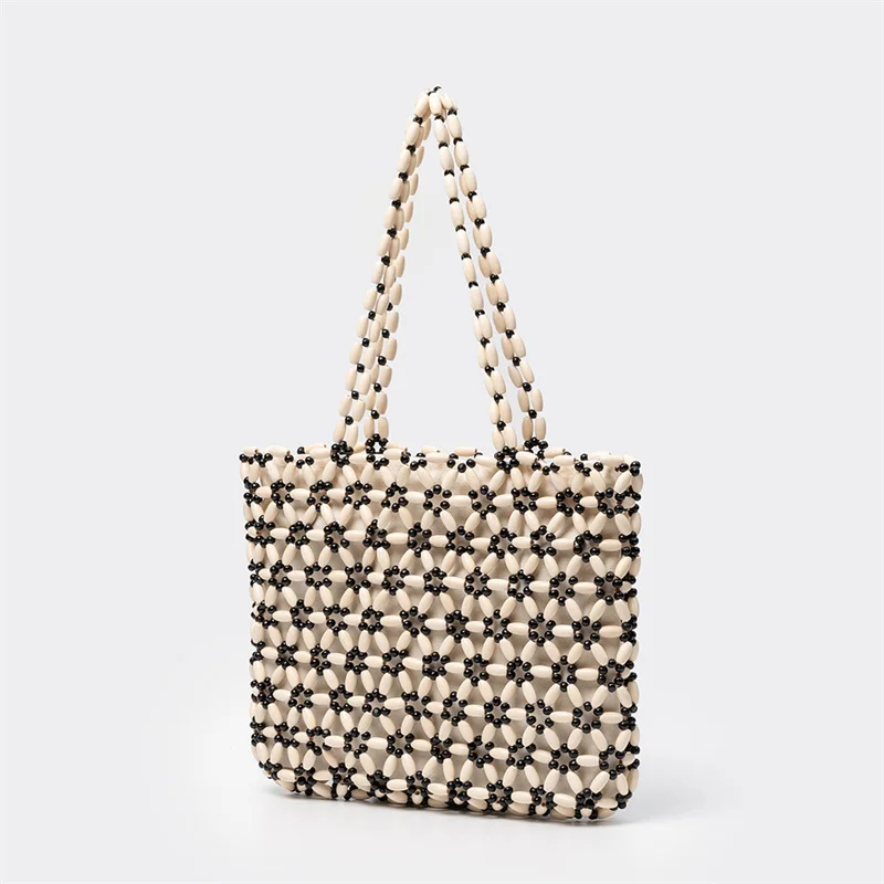 

Женская большая сумка с деревянными бусинами и цветком ромашки, новинка 2025 года, дорожная полая сумка с цветными блоками, повседневные тканые сумки на плечо ручной работы