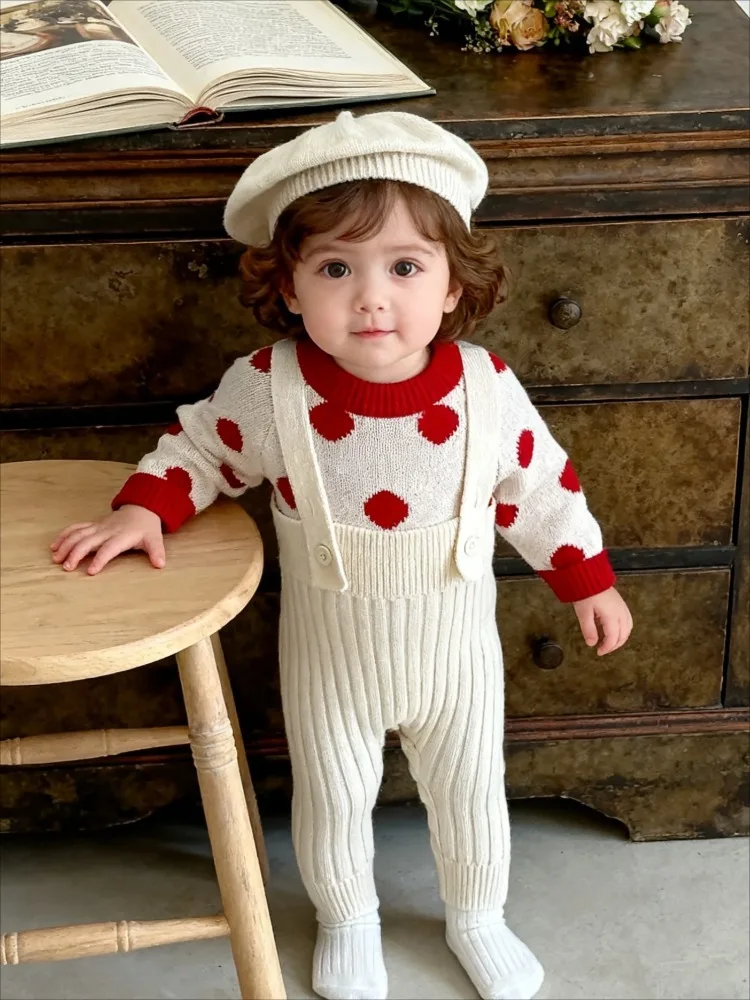 

Baby knitted children's set 2025 New Spring and Autumn Baby dot pullover sweater shoulder pants 2-piece set wearing outside