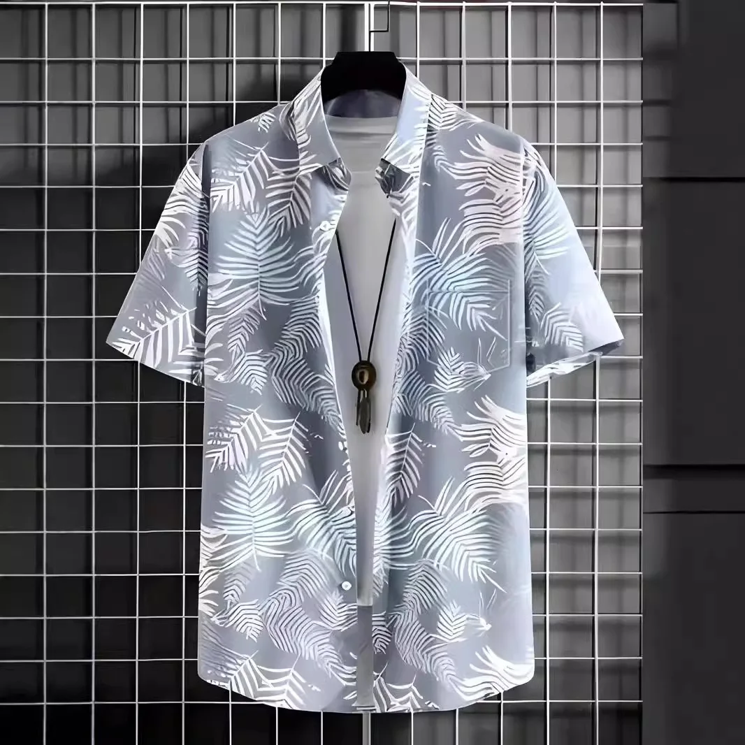 

2025 Digital Print Hawaiian Casual Short Sleeved Lapel Shirt Casual Loose and Trendy Versatile Coconut Tree Beach