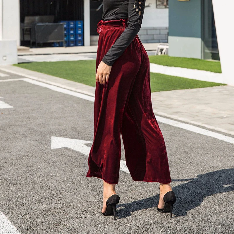 Bella Philosophy 2018 primavera terciopelo pierna ancha plisado pantalones sólidos mujeres Casual cintura alta moda Vintage largo