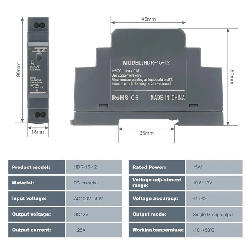AB42-6X DIN Rail Power Supply 12V DC 1.25A 15W, Input 100-240V AC 50/60Hz DIN Rail Transformer