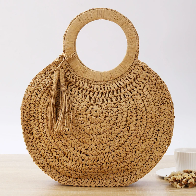 Summer Women Round Straw Bags Rattan Shoulder Bag Handmade Woven Beach Bag Female Large Capacity Tassel Design Handbags