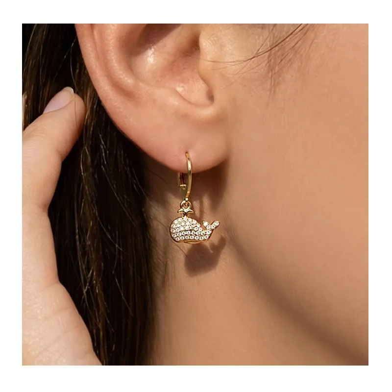 

Creative Full Diamond Dolphin Pendant Earrings Personalized Ocean Style Fashion Stainless Steel Gold Plated Earrings
