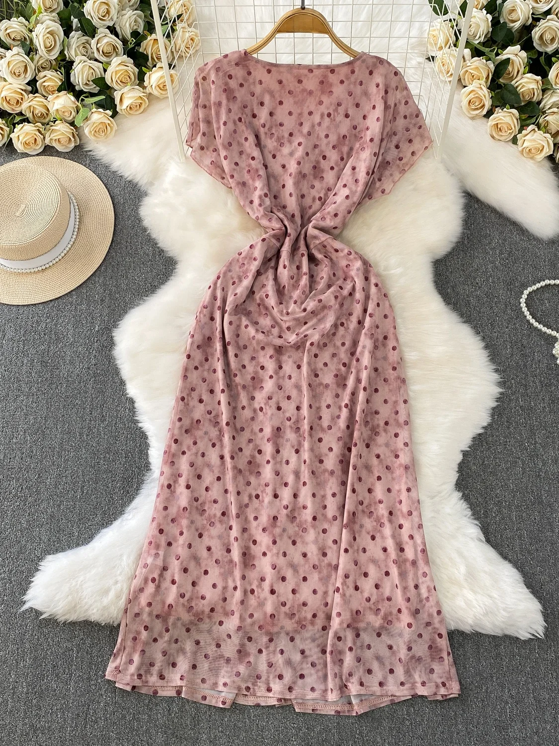 Roze Polka Dot V-Ne ort Sve Dames Dr Zomer A-lijn Midi Rok Verzamelde Taille Afslanken Me Pendelen Sle Hoge Taille