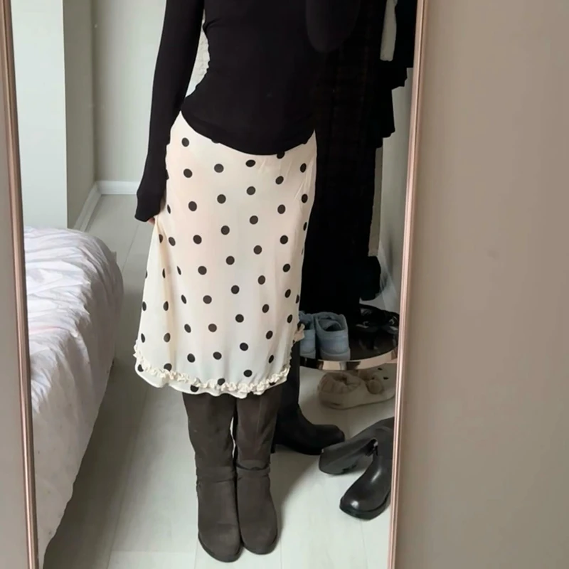 Combhasaki Y2k Coquette منقط/الصلبة ألف خط تنورة المرأة مثير شبكة شير انظر من خلال تنورة عالية الخصر أنيقة كشكش ميدي التنانير