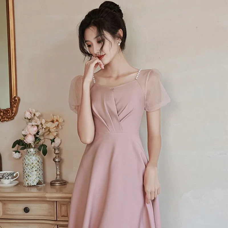 Pink satin Prom Dress Simple Pearl Beaded Square Collar Mesh Sleeve Engagement Gown A-Line Tea Length Girls Party Dresses