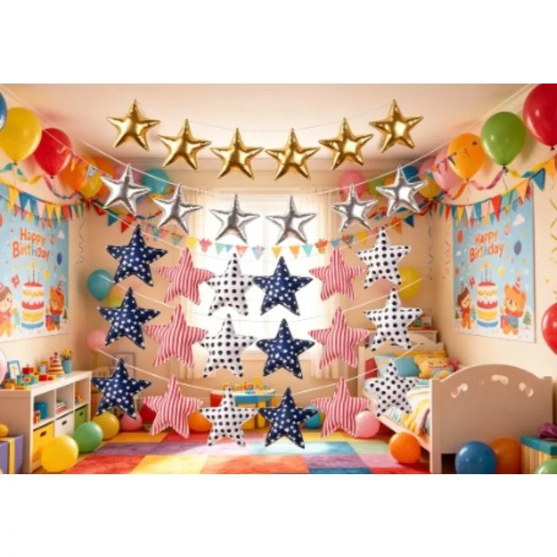 Pentagram Star Banner Gold Silver  Wall  Room Hanging Garland Independence Day Party Background Ornament Costume Accessories
