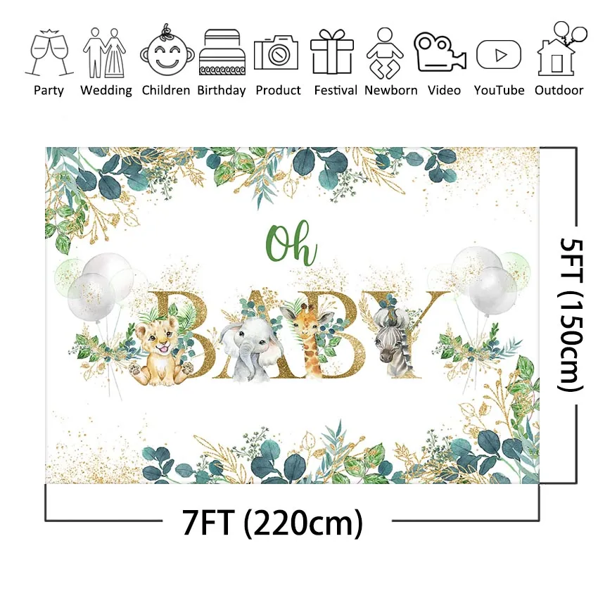 Mocsicka Oh Baby Backdrop Safari Party Decoration Gold Green Jungle Animals Baby Shower Birthday Party Photoshoot Background